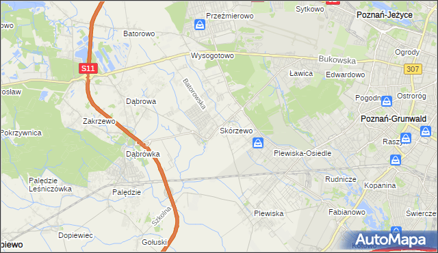 mapa Skórzewo gmina Dopiewo, Skórzewo gmina Dopiewo na mapie Targeo