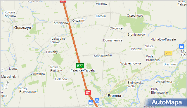 mapa Stanisławów gmina Promna, Stanisławów gmina Promna na mapie Targeo