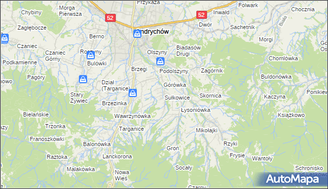 mapa Sułkowice gmina Andrychów, Sułkowice gmina Andrychów na mapie Targeo