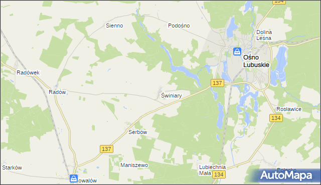 mapa Świniary gmina Ośno Lubuskie, Świniary gmina Ośno Lubuskie na mapie Targeo