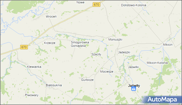 mapa Szaciły gmina Jaświły, Szaciły gmina Jaświły na mapie Targeo