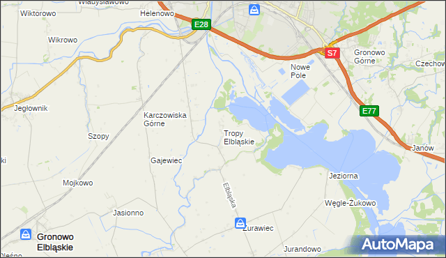 mapa Tropy Elbląskie, Tropy Elbląskie na mapie Targeo