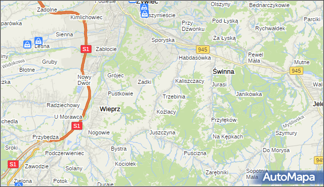 mapa Trzebinia gmina Świnna, Trzebinia gmina Świnna na mapie Targeo