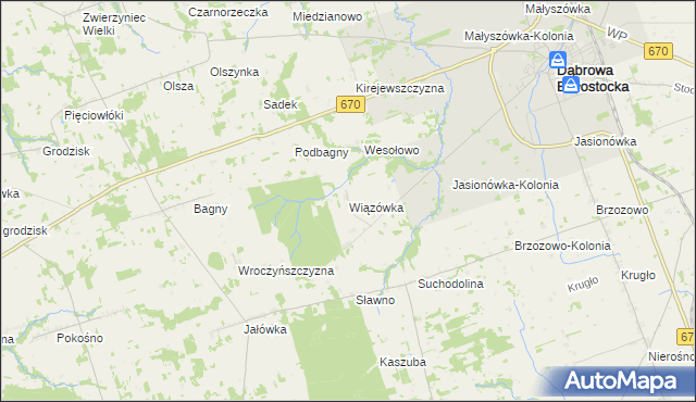 mapa Wiązówka gmina Dąbrowa Białostocka, Wiązówka gmina Dąbrowa Białostocka na mapie Targeo