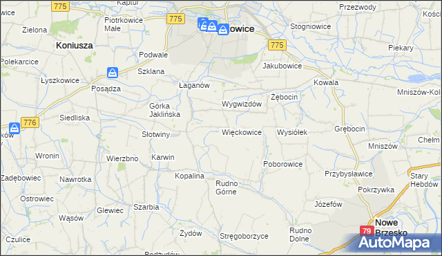mapa Więckowice gmina Proszowice, Więckowice gmina Proszowice na mapie Targeo