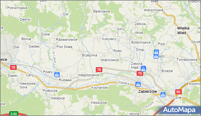 mapa Więckowice gmina Zabierzów, Więckowice gmina Zabierzów na mapie Targeo