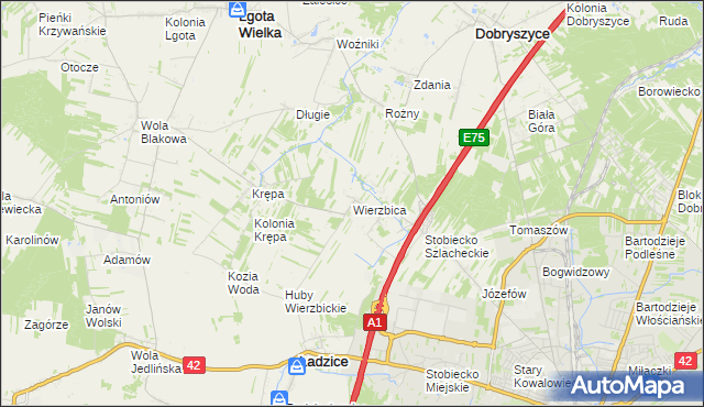 mapa Wierzbica gmina Ładzice, Wierzbica gmina Ładzice na mapie Targeo