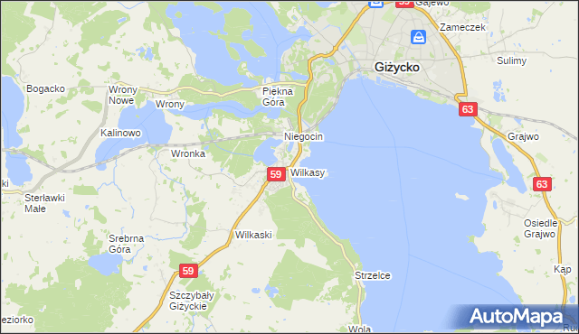 mapa Wilkasy gmina Giżycko, Wilkasy gmina Giżycko na mapie Targeo