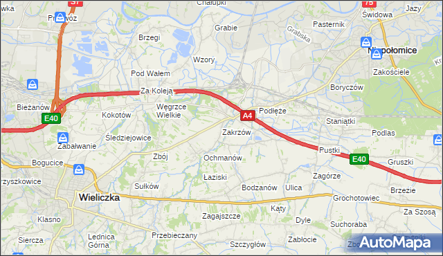 mapa Zakrzów gmina Niepołomice, Zakrzów gmina Niepołomice na mapie Targeo