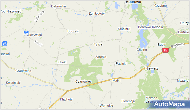 mapa Zarośle gmina Bobrowo, Zarośle gmina Bobrowo na mapie Targeo