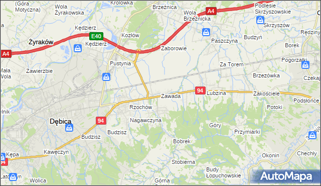 mapa Zawada gmina Dębica, Zawada gmina Dębica na mapie Targeo