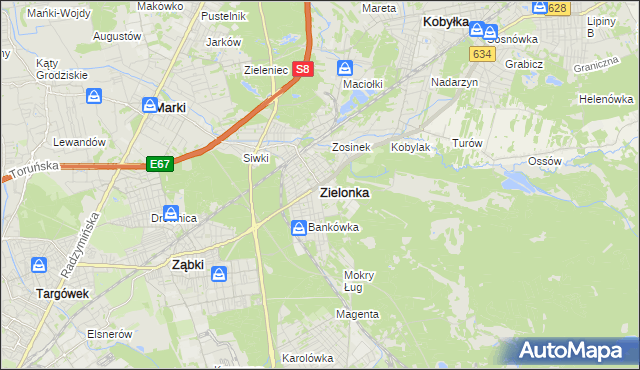 mapa Zielonka powiat wołomiński, Zielonka powiat wołomiński na mapie Targeo