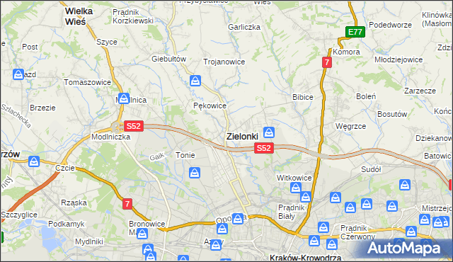 mapa Zielonki powiat krakowski, Zielonki powiat krakowski na mapie Targeo