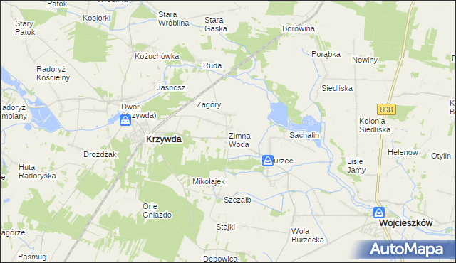 mapa Zimna Woda gmina Krzywda, Zimna Woda gmina Krzywda na mapie Targeo