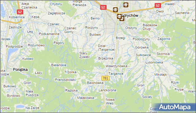 mapa Brzezinka gmina Andrychów, Brzezinka gmina Andrychów na mapie Targeo