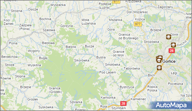 mapa Bystra gmina Gorlice, Bystra gmina Gorlice na mapie Targeo