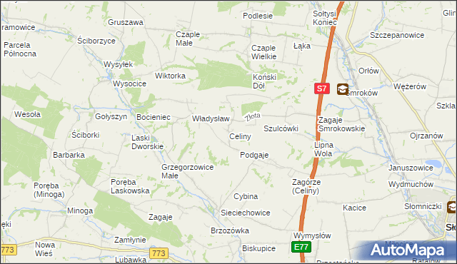 mapa Celiny gmina Iwanowice, Celiny gmina Iwanowice na mapie Targeo