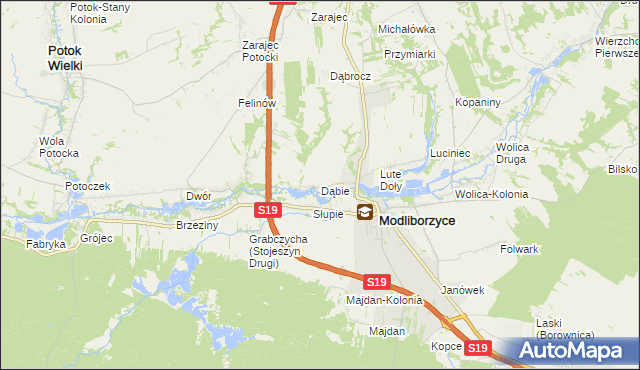 mapa Dąbie gmina Modliborzyce, Dąbie gmina Modliborzyce na mapie Targeo
