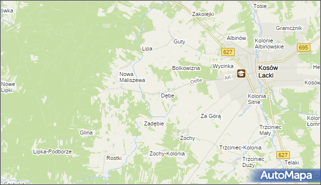 mapa Dębe gmina Kosów Lacki, Dębe gmina Kosów Lacki na mapie Targeo