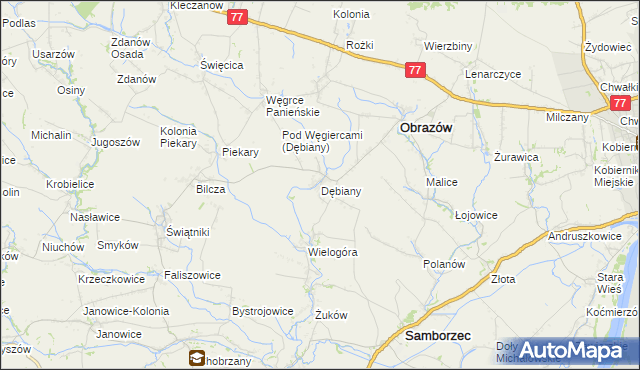 mapa Dębiany gmina Obrazów, Dębiany gmina Obrazów na mapie Targeo