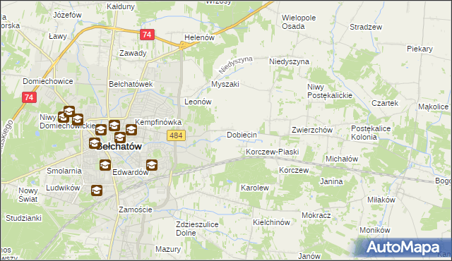 mapa Dobiecin gmina Bełchatów, Dobiecin gmina Bełchatów na mapie Targeo