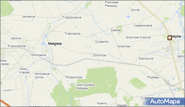 mapa Dominów gmina Mełgiew, Dominów gmina Mełgiew na mapie Targeo