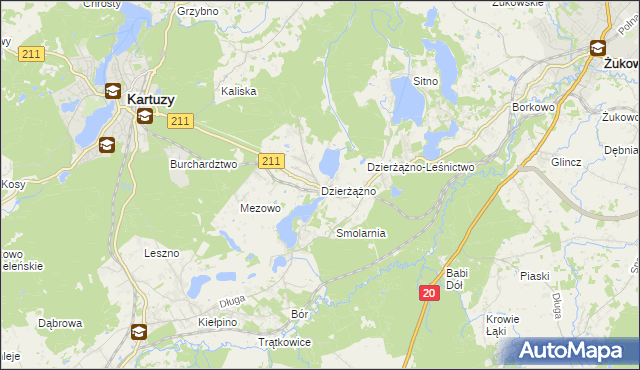 mapa Dzierżążno gmina Kartuzy, Dzierżążno gmina Kartuzy na mapie Targeo