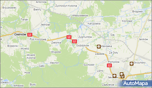 mapa Goździków gmina Gielniów, Goździków gmina Gielniów na mapie Targeo