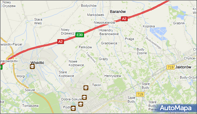 mapa Grądy gmina Jaktorów, Grądy gmina Jaktorów na mapie Targeo
