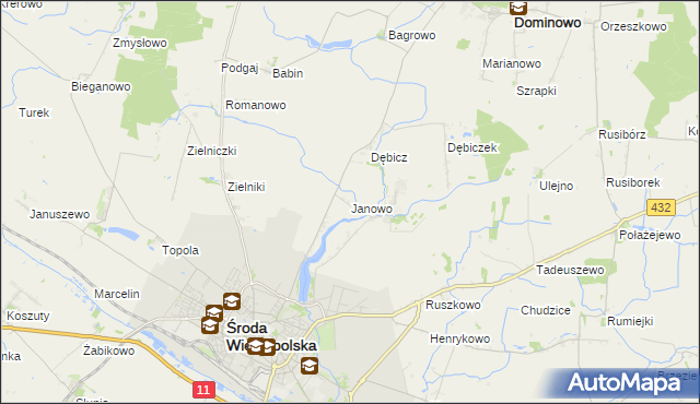 mapa Janowo gmina Środa Wielkopolska, Janowo gmina Środa Wielkopolska na mapie Targeo