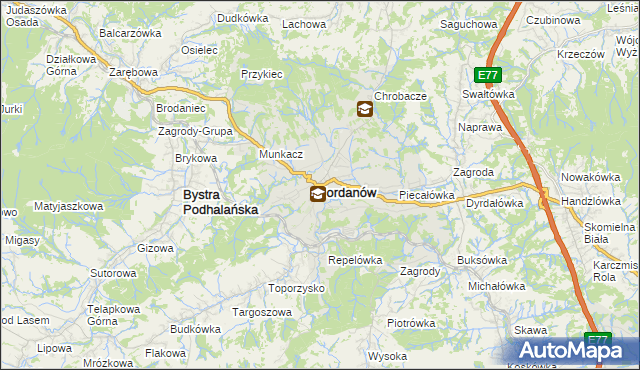 mapa Jordanów powiat suski, Jordanów powiat suski na mapie Targeo