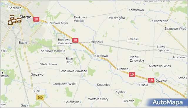 mapa Kisielewo gmina Sierpc, Kisielewo gmina Sierpc na mapie Targeo