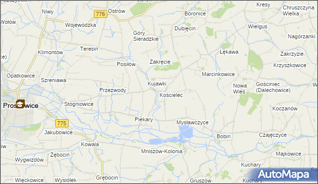 mapa Kościelec gmina Proszowice, Kościelec gmina Proszowice na mapie Targeo