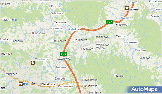 mapa Krzeczów gmina Lubień, Krzeczów gmina Lubień na mapie Targeo