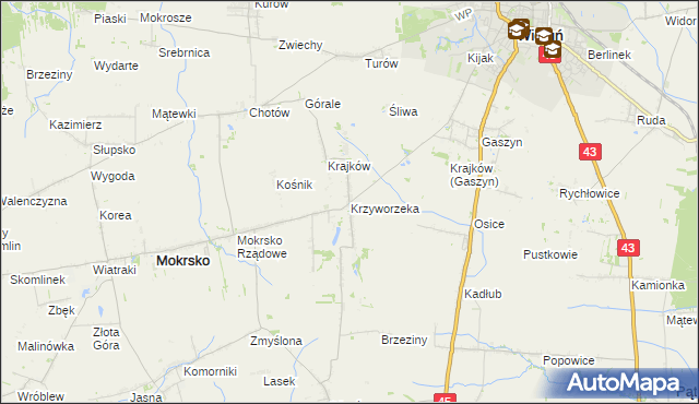 mapa Krzyworzeka gmina Mokrsko, Krzyworzeka gmina Mokrsko na mapie Targeo