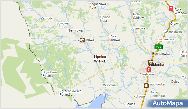 mapa Lipnica Wielka powiat nowotarski, Lipnica Wielka powiat nowotarski na mapie Targeo