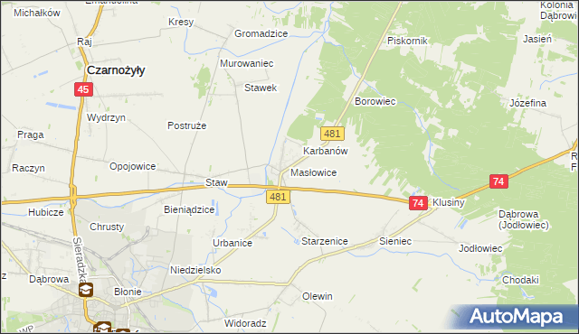mapa Masłowice gmina Wieluń, Masłowice gmina Wieluń na mapie Targeo