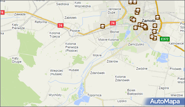 mapa Mokre gmina Zamość, Mokre gmina Zamość na mapie Targeo