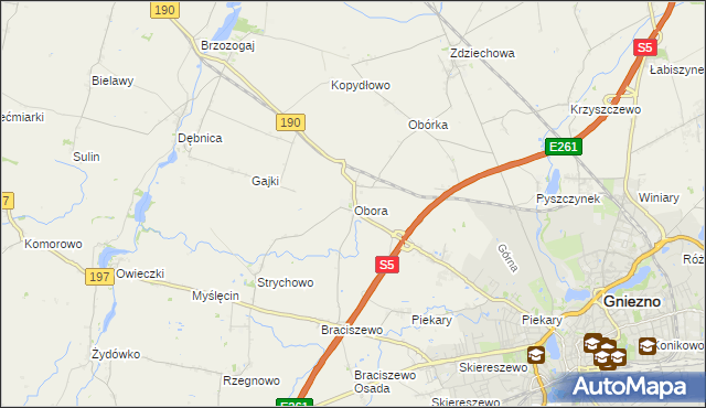 mapa Obora gmina Gniezno, Obora gmina Gniezno na mapie Targeo