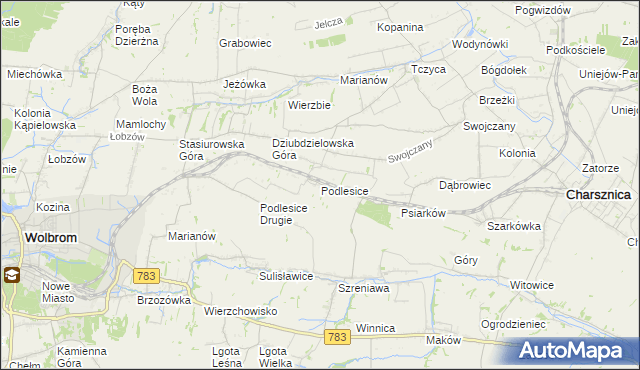 mapa Podlesice gmina Charsznica, Podlesice gmina Charsznica na mapie Targeo