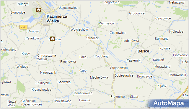 mapa Podolany gmina Kazimierza Wielka, Podolany gmina Kazimierza Wielka na mapie Targeo