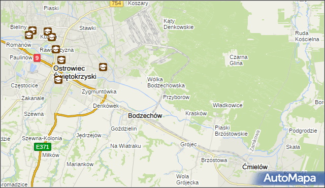 mapa Przyborów gmina Bodzechów, Przyborów gmina Bodzechów na mapie Targeo