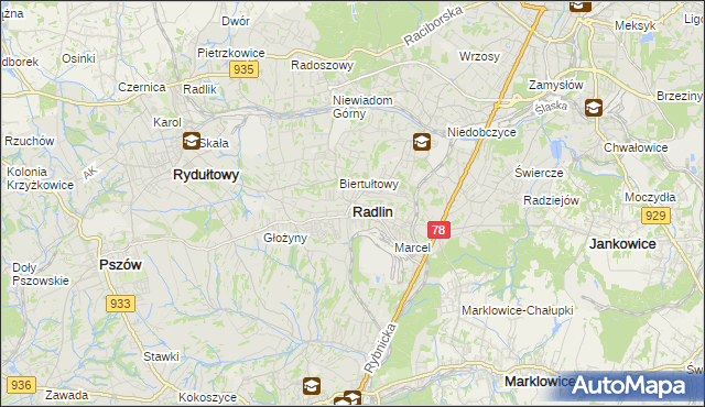mapa Radlin powiat wodzisławski, Radlin powiat wodzisławski na mapie Targeo