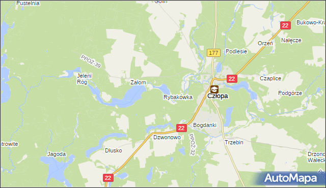 mapa Rybakówka gmina Człopa, Rybakówka gmina Człopa na mapie Targeo