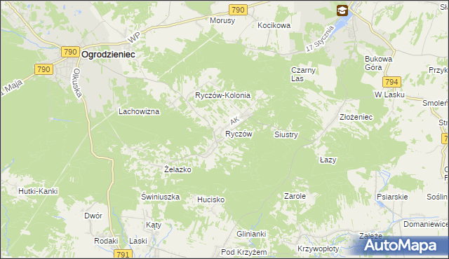 mapa Ryczów gmina Ogrodzieniec, Ryczów gmina Ogrodzieniec na mapie Targeo