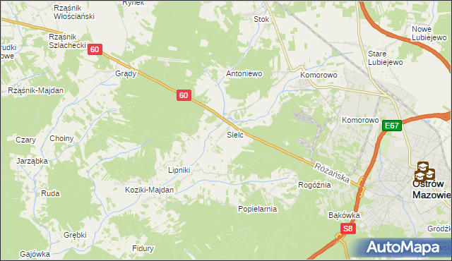 mapa Sielc gmina Ostrów Mazowiecka, Sielc gmina Ostrów Mazowiecka na mapie Targeo