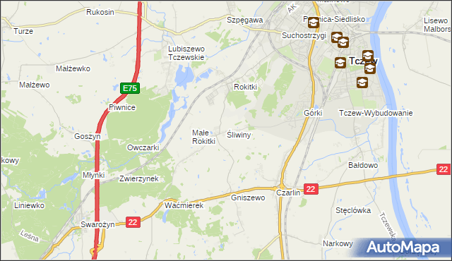 mapa Śliwiny gmina Tczew, Śliwiny gmina Tczew na mapie Targeo