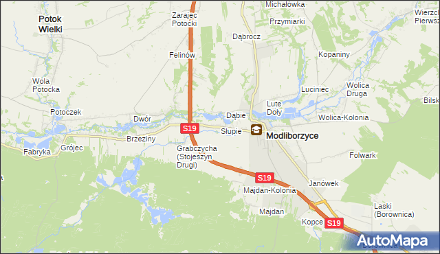 mapa Słupie gmina Modliborzyce, Słupie gmina Modliborzyce na mapie Targeo