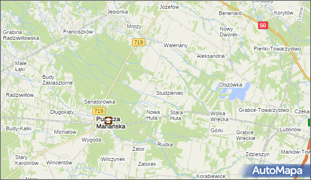 mapa Studzieniec gmina Puszcza Mariańska, Studzieniec gmina Puszcza Mariańska na mapie Targeo