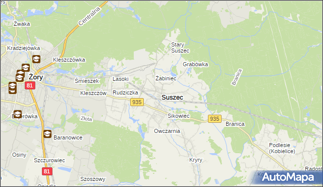 mapa Suszec powiat pszczyński, Suszec powiat pszczyński na mapie Targeo